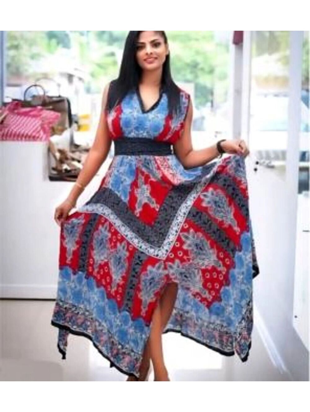 Bila Sleeveless Maxi Dress Red & Blue Elastic Waist Size M